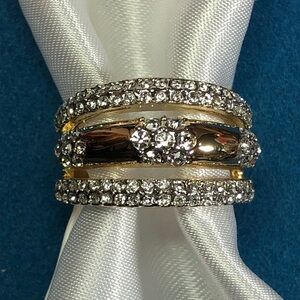 Gold Crystal Wide Band Ring Flower Pave 3 Row Stacked Sz 7 Camille Lucie France